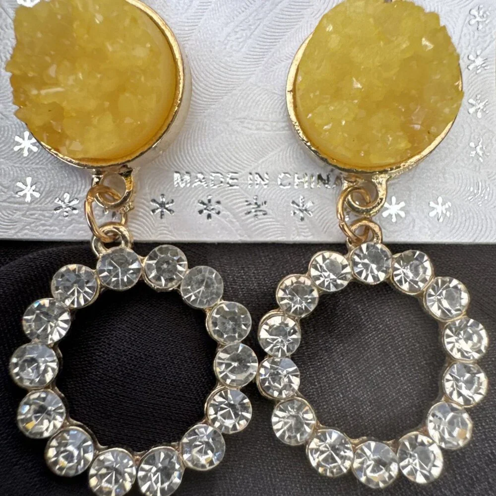 Pastel Faux Yellow Stone Crystal Gold Rhinestone Earrings Dangle Drop Party NEW